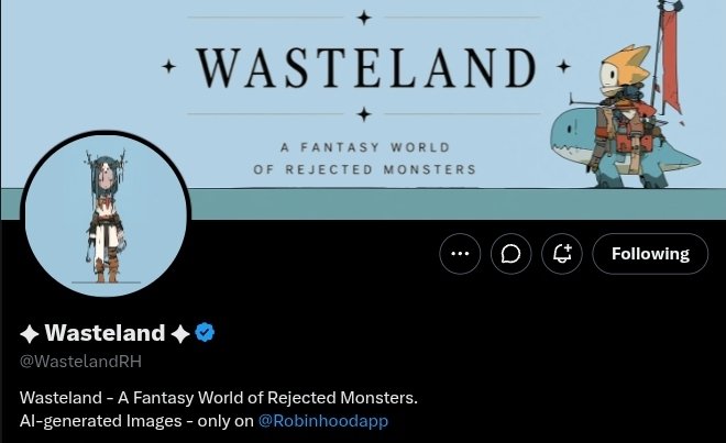 A Twitter/X profile for 'Wasteland' (@WastelandRH) with a banner reading 'A FANTASY WORLD OF REJECTED MONSTERS' and a profile picture of an AI-generated character.