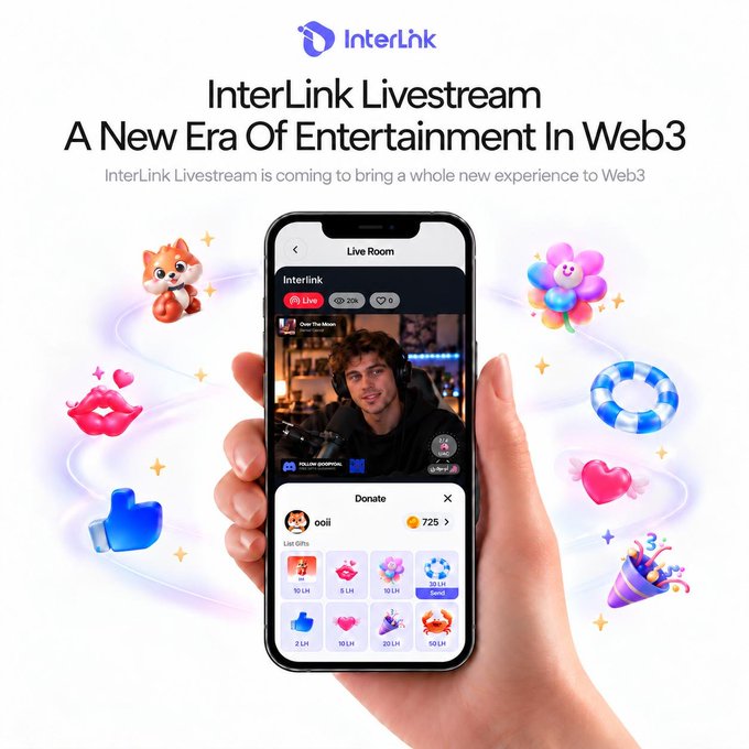 A promotional graphic for 'InterLink Livestream: A New Era Of Entertainment In Web3,' displaying a hand holding a smartphone with a live stream interface surrounded by various gift animations like flowers and thumbs-up.