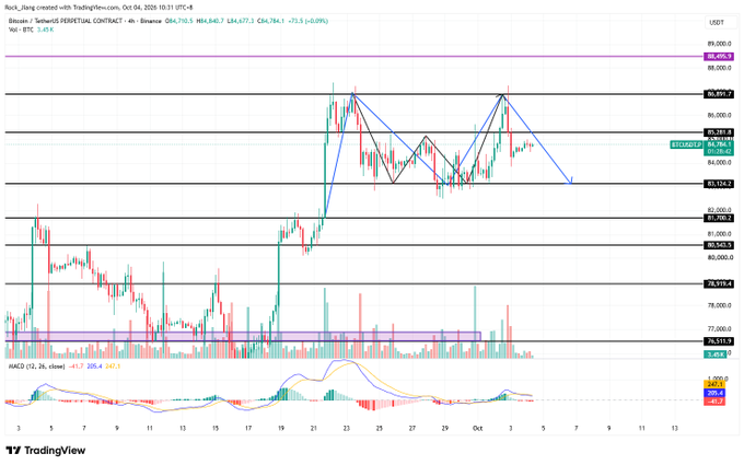 A TradingView chart of Binance BTC/USDT Perpetual Contract showing price action around $84,406 with a black W-bottom rebound pattern and blue M-top formation, with key levels marked at $89,000, $86,891, $84,000, $83,136, and $78,919, along with MACD indicator at the bottom.