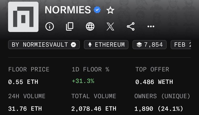 The image depicts a list of cryptocurrency prices for the cryptocurrency named "Normies". The title says "Over 180 Normies have been burned in the past 24 hours worth 90 ETH($149,500). The floor price is up to 0.55 ETH. Just @normiesART doing Normie things." It appears that the image was taken during a sale of "Normies" and there may be a connection to this transaction happening on a trading platform like MtGX or ethonior.