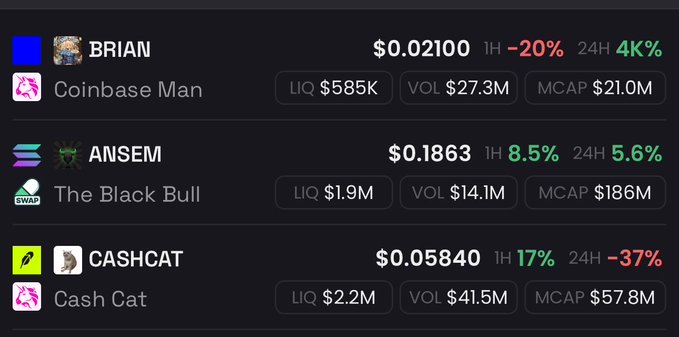 A cryptocurrency trading interface shows meme coins including BRIAN ($0.02100, Coinbase Man), ANSEM ($0.1863, The Black Bull), and CASHCAT ($0.05840, Cash Cat) with their liquidity, volume, and market cap data.