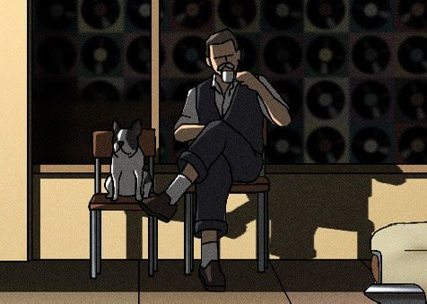An animated scene showing a bearded man in a vest sitting on a chair next to a small dog, with rows of records visible in the background.