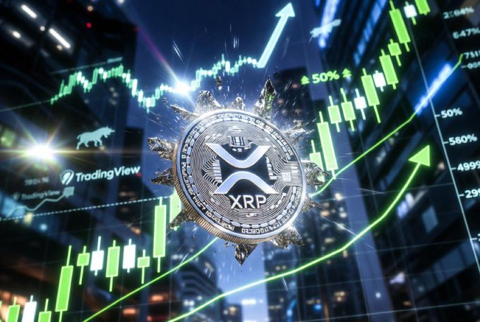 A metallic XRP coin bursts through a backdrop of green TradingView candlestick charts and bullish upward arrows, with visible text including "XRP," "TradingView," and a "50%" gain indicator—visually emphasizing the dramatic price surge referenced in the post about XRP's 80% single-day rally.