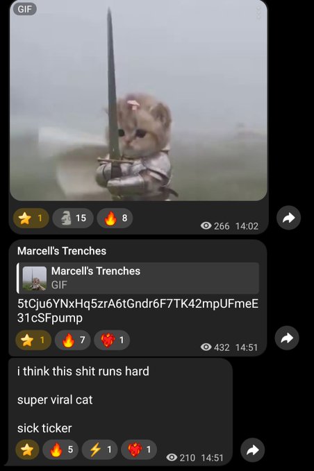 A social media post featuring a GIF of a cat in armor holding a sword, with comments including 'Marcell's Trenches' and 'i think this shit runs hard'.