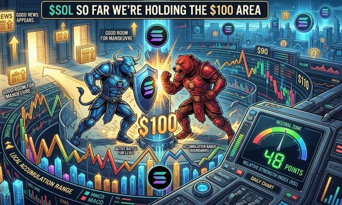 The image illustrates Solana ($SOL) trading near the $100 mark with bull and bear figures battling over the level, highlighting key technical indicators like the $90–$110 range, MACD, and a daily RSI at 48 points in the neutral zone. It visually reinforces the post's message of a local accumulation range and active price struggle around the psychologically significant $100 level.