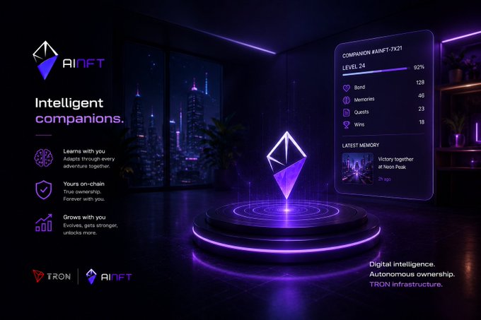 A promotional graphic for AINFT showcases 'Intelligent companions' with features like 'Learns with you,' 'Yours on-chain,' and 'Grows with you,' displaying a companion named RAINT-7X21 at Level 24 with stats for Bond, Memories, Quests, and Wins.