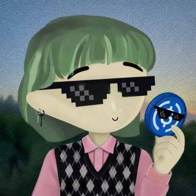 A stylized digital illustration of a person with short green hair, pink top, and black-and-white argyle vest, wearing pixelated sunglasses and holding a blue circular token.