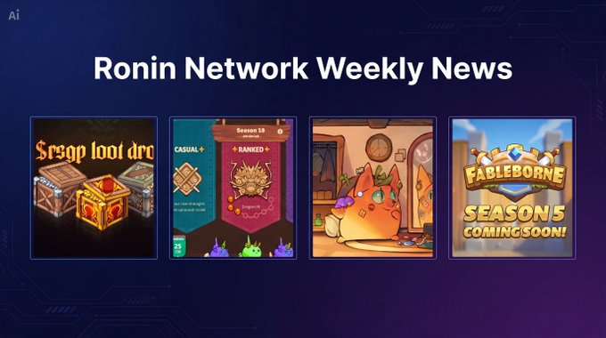 A banner titled 'Ronin Network Weekly News' featuring four promotional images including loot drops, Season 13 ranked play, a cute game character, and 'Fableborne Season 5 Coming Soon!'.
