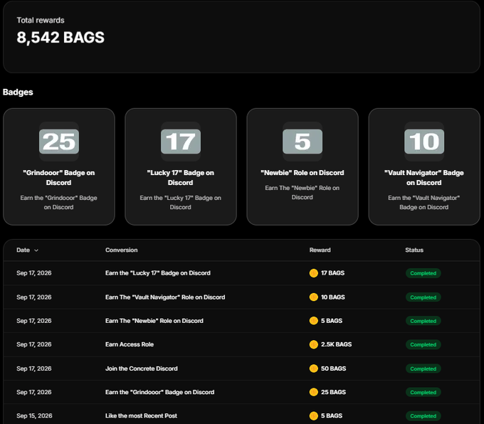 A digital dashboard displays a 'Total rewards' tally of '8,542 BAGS' at the top, followed by four badge categories (Grindoor, Lucky 17, Newbie, Vault Navigator) with completion counts of 25, 17, 5, and 10 respectively, and a detailed table below listing various Discord-related conversion rewards.