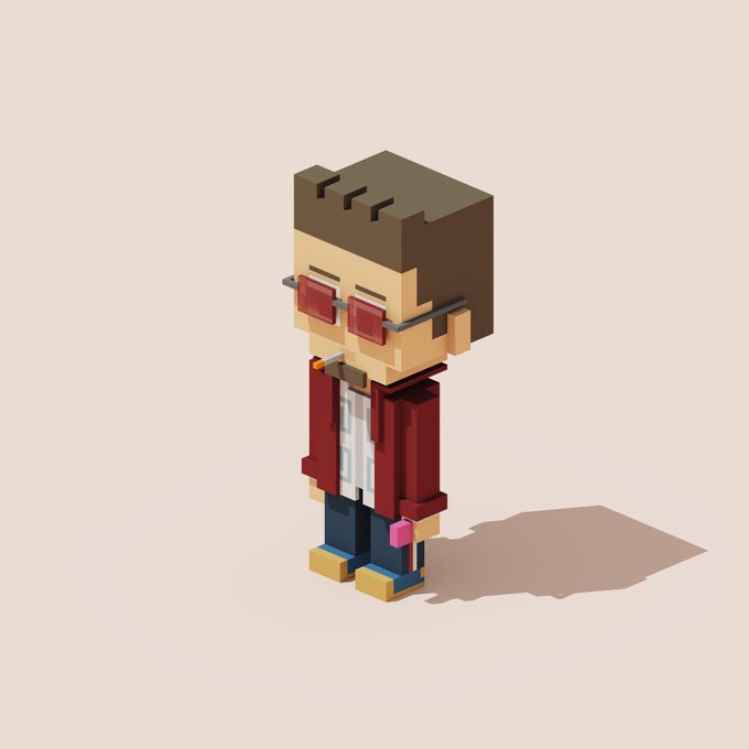 A 3D isometric voxel-style character of a person with brown hair wearing red square glasses, a maroon jacket, and holding a pink lollipop, rendered against a plain beige background.