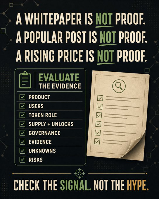 An infographic reads 'A WHITEPAPER IS NOT PROOF. A POPULAR POST IS NOT PROOF. A RISING PRICE IS NOT PROOF.' and 'CHECK THE SIGNAL. NOT THE HYPE.' next to a checklist for 'EVALUATE THE EVIDENCE' with items like 'PRODUCT,' 'USERS,' and 'TOKEN ROLE.'