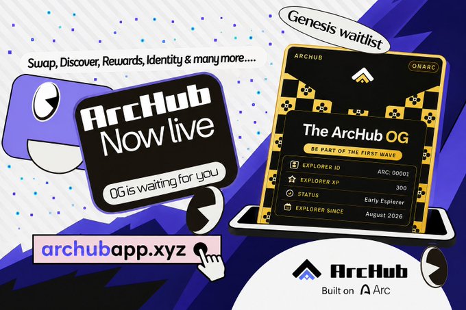 Promotional banner for ArcHub advertising their app launch with text including 'ArcHub Now live', 'OG is waiting for you', 'Swap, Discover, Rewards, Identity & many more....', 'Genesis waitlist', and the URL 'archubapp.xyz'.