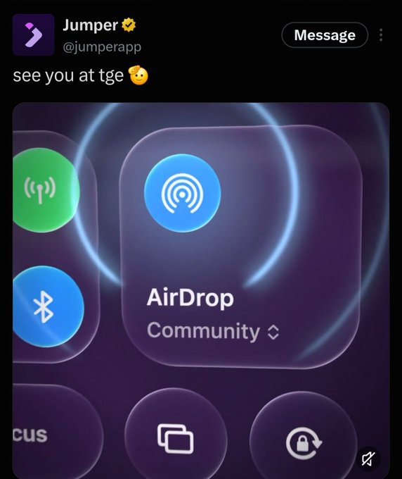 A tweet from Jumper (@jumperapp) saying "see you at tge" with a brain emoji, featuring an iOS-style image highlighting an AirDrop "Community" icon alongside Wi-Fi and Bluetooth symbols.