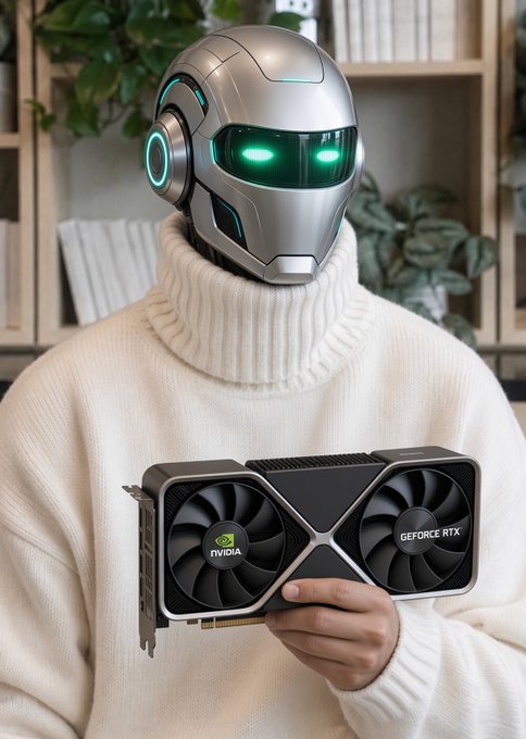 A person wearing a white sweater and a futuristic silver robotic helmet with glowing green eyes, holding an NVIDIA GeForce RTX graphics card in front of a bookshelf with plants.
