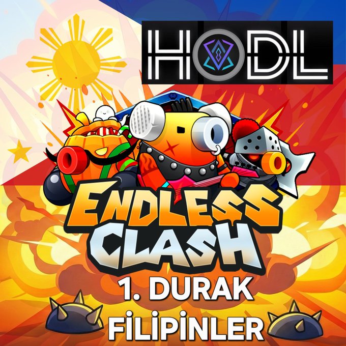 The image features a vibrant poster for a video game called "Endless Clash", which appears to be set in a tropical location with palm trees, bright colors, and an explosion backdrop. The text on the poster includes the names of three characters from the game: Durak, Filipinlarer, and others. 
 A prominent message on the poster reads: "@EndlessClash", accompanied by additional text such as "BRN olacak" which may be a Twitter handle or a gaming hashtag related to the game. The overall atmosphere of the image suggests an exciting gaming experience with players from around the world coming together for an adventure in the digital realm.