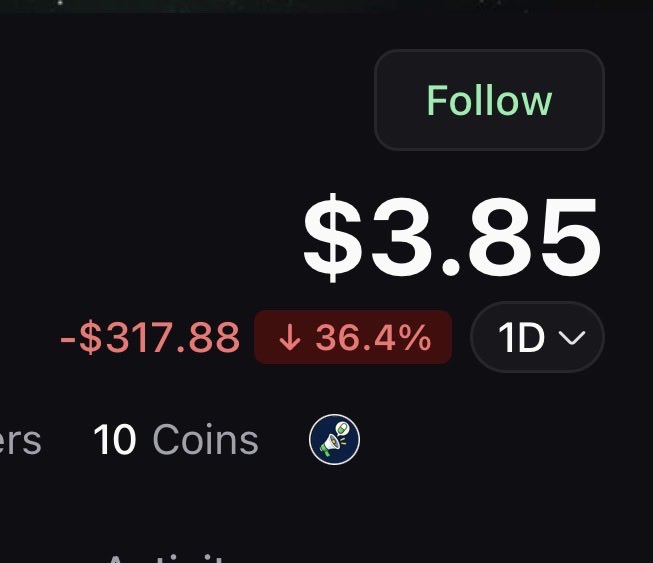 A dark-themed financial tracking screenshot shows a cryptocurrency portfolio displaying a current value of $3.85 with a devastating 1-day drop of $317.88 (-36.4%), holding 10 coins with a rocket ship icon. The image humorously illustrates the post's point about critics who loudly promote certain investments despite having minuscule wallet balances and suffering major losses.