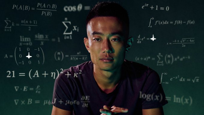 A young man faces the camera in a dark, teal-lit setting filled with mathematical and scientific formulas, including probability, calculus, matrices, and physics equations.