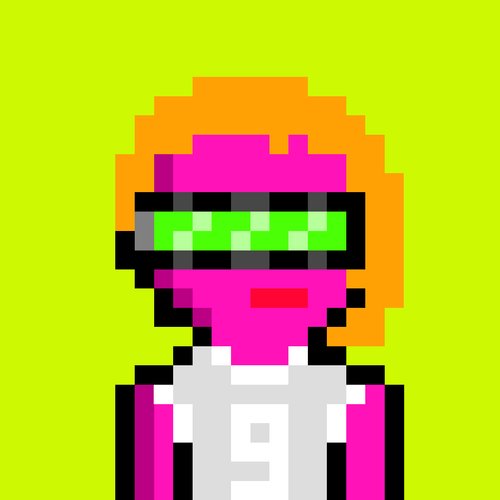 Pixel art portrait of a character with orange hair, pink skin, a green visor, and a white jersey with the number 9 against a bright green background.