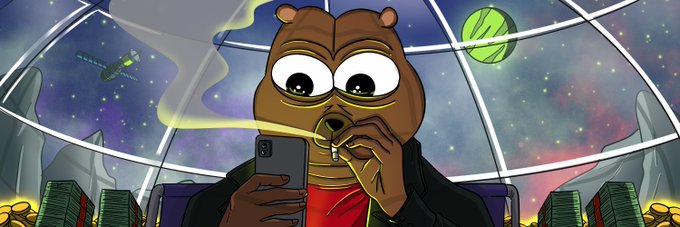 An illustrated cartoon bear character wearing a black jacket, holding a phone, and smoking what appears to be a joint, with smoke trailing upward, set against a window view of space with planets and a satellite.