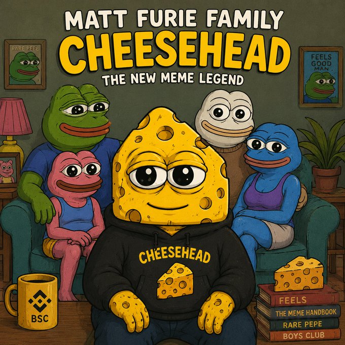 A colorful cartoon poster titled 'MATT FURIE FAMILY CHEESEHEAD - THE NEW MEME LEGEND' featuring a central cheese-headed character in a 'CHEESEHEAD' hoodie surrounded by various Pepe-style frog characters, with books titled 'FEELS', 'THE MEME HANDBOOK', 'RARE PEPE', and 'BOYS CLUB' stacked nearby.