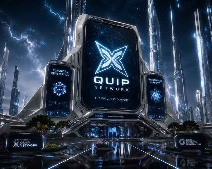 The image features a futuristic cityscape with tall buildings under a dark sky. The main focus of the scene is a large screen displaying the word "quip" along with some text, possibly related to the Quip Network or a similar project. The city appears to be designed in a way that it resembles a computer network, with multiple buildings and structures interconnected by wires and cables. This futuristic setting suggests an interest in technology and innovation, as well as the potential applications of these advancements in various fields such as computing, communication, and security.