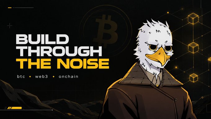 A promotional graphic with a dark background featuring an anthropomorphic eagle character in a trench coat on the right, with the text 'BUILD THROUGH THE NOISE' and 'btc • web3 • onchain' on the left, alongside a Bitcoin logo and geometric shapes.