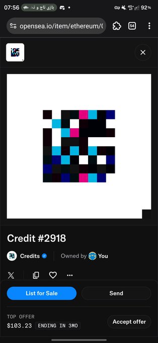 An OpenSea NFT listing on mobile showing a pixelated black, blue, and pink artwork titled 'Credit #2918' with a top offer of $103.23.