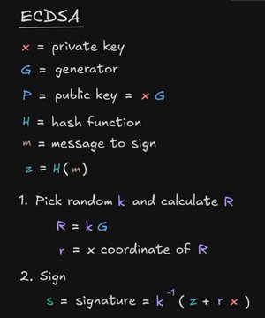 The image is a handwritten blackboard-style explanation of ECDSA (Elliptic Curve Digital Signature Algorithm), listing variables (private key x, generator G, public key P = xG, hash function H, message m, hash z = H(m)) and showing the signing steps: picking random k to compute R = kG with x-coordinate r, then computing the signature s = k⁻¹(z + r·x). It illustrates the algorithm whose vulnerability to nonce reuse is the subject of the post.