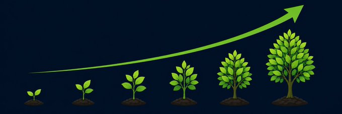 A banner image for the Robinhood token $GROW on Moby, depicting a sequence of plants growing progressively larger from left to right, with a green arrow curving upward above them to symbolize growth.
