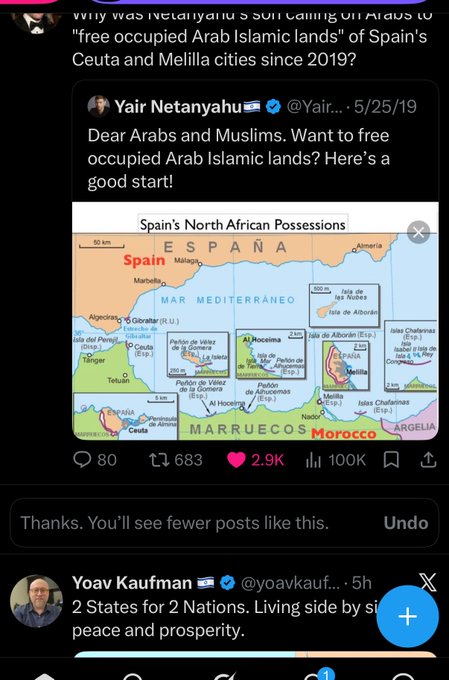 A screenshot of a Twitter/X post by Yair Netanyahu (@Yair...) dated 5/25/19 calls on "Arabs and Muslims" to "free occupied Arab Islamic lands," accompanied by a map of "Spain's North African Possessions" showing Spanish-held territories like Ceuta and Melilla bordering Morocco and Algeria. The engagement metrics show 80 replies, 683 reposts, 2.9K likes, and 100K views, illustrating a coordinated Zionist narrative attacking Spain's territorial holdings in North Africa as referenced in the caption.