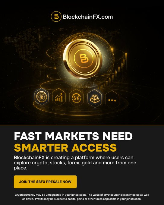 The image features a black background with gold text that reads "Fast Markets Need Smarter Access. $BFX creates a unified platform where users can explore multiple assets from one place, making trading simpler and more efficient." The image also includes a gold circle with a B on it, which is the logo for Bitcoin exchange Coinbase.