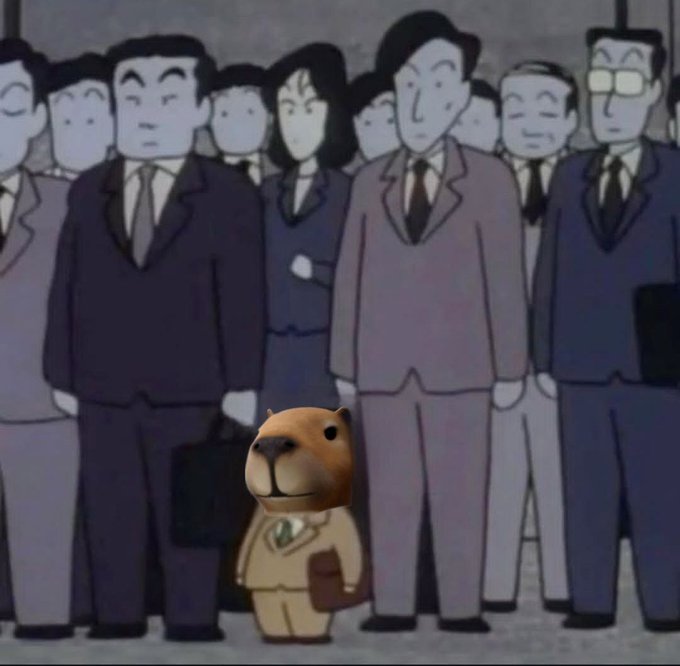 The image features a cartoon character dressed as a businessman wearing a suit and tie standing next to a group of people who are also dressed in suits, suggesting that they might be attending an important event or gathering. The caption for this image reads "Why is @Wanchain_Intern so confident? It's because he'S double-stacking yield via xWAN staking via USDC, then restaking $USDC for more xWAN, and then repeats the process! This is the swagger you come with when you discover BridgeFi". The cartoon character seems to be confident in his abilities as a businessman due to his unique approach to investing.
