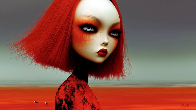A stylized digital artwork of a woman with a vibrant red bob haircut, pale skin, and striking blue eyes, standing against a red, otherworldly landscape under a muted sky.