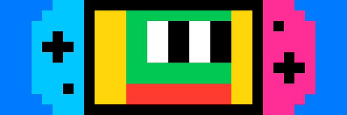 A pixel-art style graphic depicting a central black, white, green, yellow, and red rectangle flanked by cyan and magenta sections, each containing a black directional pad design.