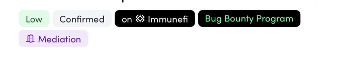 A row of digital tags with text reading 'Low', 'Confirmed', 'on Immunefi', 'Bug Bounty Program', and 'Meditation' in various colors.