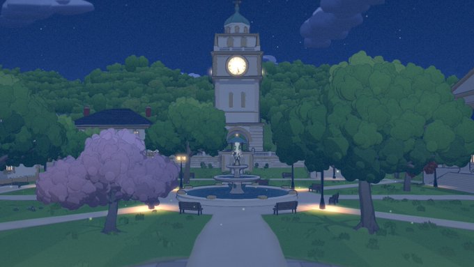 An animated night scene showing a clock tower illuminated against a starry sky, a fountain in the foreground, and lush trees including one with purple blossoms in a park setting.