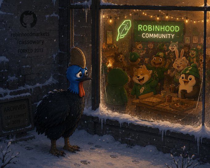 A blue-feathered cassowary labeled "cassowary" (robinhoodmarkets, forked 2013, archived last commit 2019) stands alone in the snow outside a warmly lit window where the "ROBINHOOD COMMUNITY" gathers with pizza and drinks, illustrating the post's theme of the overlooked $CASSOWARY bird left outside while the community thrives inside.