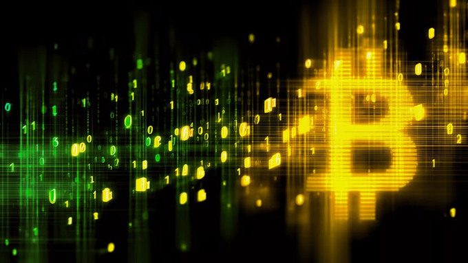 A glowing golden Bitcoin "B" logo radiates over cascading streams of green and yellow binary code, symbolizing cryptocurrency in its raw digital form. The imagery ties directly to the post's message about Bitcoin's slow-moving governance being outpaced by quantum computing threats, while projects like QuipNetwork deliver post-quantum wallet solutions without waiting for network-wide consensus or forks.