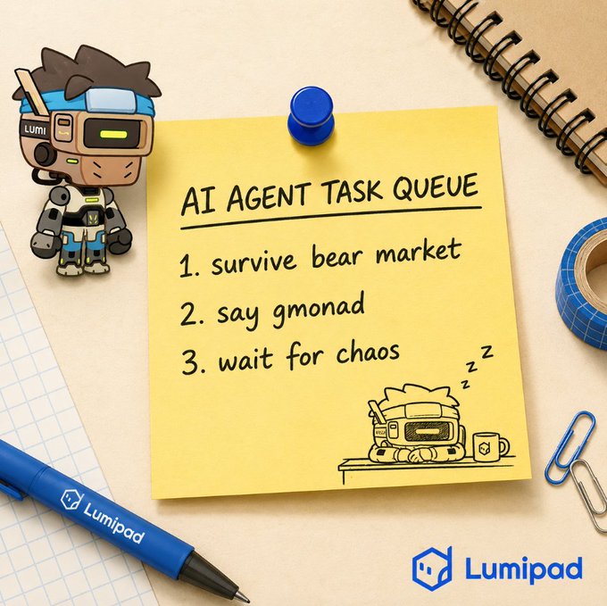 A sticky note titled 'AI AGENT TASK QUEUE' lists: 1. survive bear market, 2. say gmonad, 3. wait for chaos. The Lumipad logo and branded pen appear alongside a cartoon robot character.