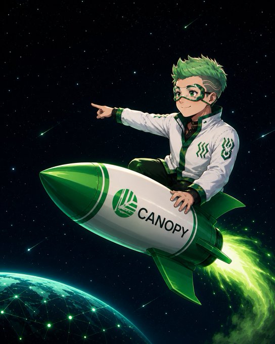 An anime-style character with green hair and glasses rides a green and white rocket labeled 'CANOPY' through outer space, with Earth visible below and stars all around.