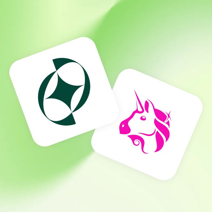 Two app icons are displayed on a green background: one featuring a dark green circular leaf-like design (representing Paxos) and another showing a pink unicorn head logo (representing Uniswap). The image visually represents the partnership mentioned, where Paxos has chosen Uniswap for its tokenized gold initiative, illustrating the growing integration between real-world assets (RWAs) and decentralized finance platforms.