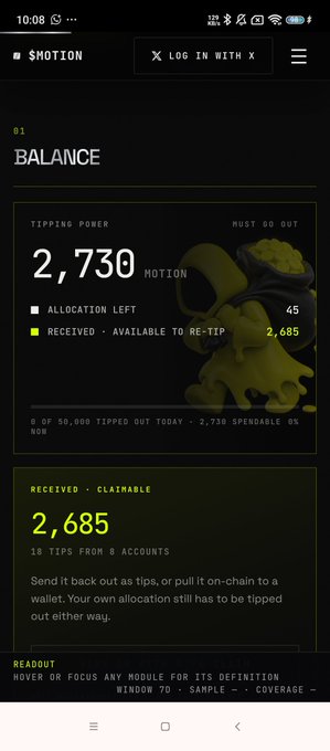Screenshot of the $MOTION app showing a balance of 2,730 MOTION with 2,685 available to re-tip from 13 tips.