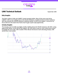 Second page of 'LNK Technical Outlook' document dated September 26th from EBC Financial Group, featuring a daily candle chart for LINK with technical analysis commentary.