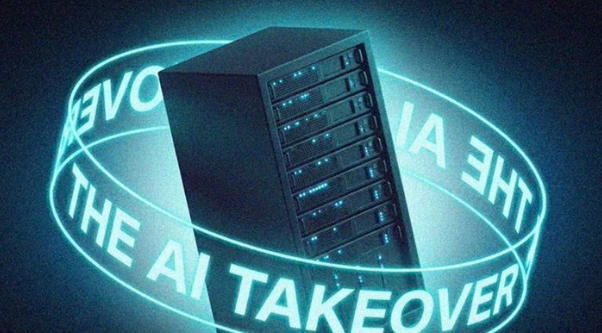 A dark server tower surrounded by a glowing cyan circular text that reads 'THE AI TAKEOVER', set against a moody blue background.