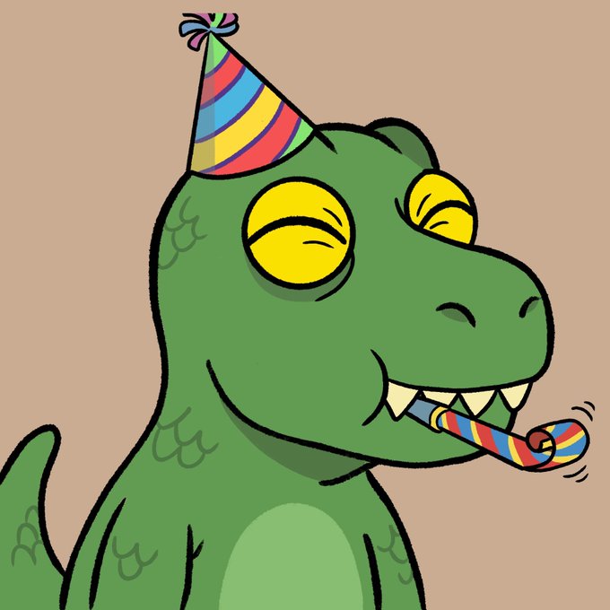 A cartoon illustration of a green dinosaur or crocodile wearing a colorful party hat and blowing a rainbow-striped party horn against a beige background.