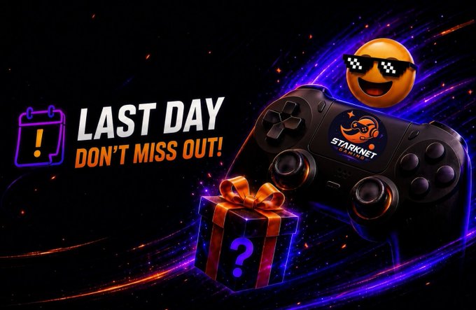 A vibrant promotional graphic featuring a game controller with the 'STARKNET' logo, a 'deal with it' sunglasses emoji, a gift box with a question mark, and text reading 'LAST DAY DON'T MISS OUT!'.