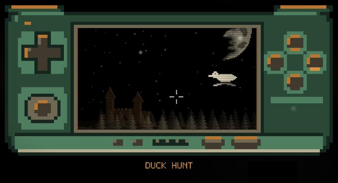 A pixel art illustration of a green Game Boy-style handheld console displaying the classic game "Duck Hunt," with a white duck flying across a starry night sky and the text "DUCK HUNT" shown below. The 8-bit gaming aesthetic, especially the iconic "DUCK HUNT" title, evokes nostalgia and represents a final, fun "last run" before the Playground platform closes, fitting the playful, "last shot" tone of the announcement.