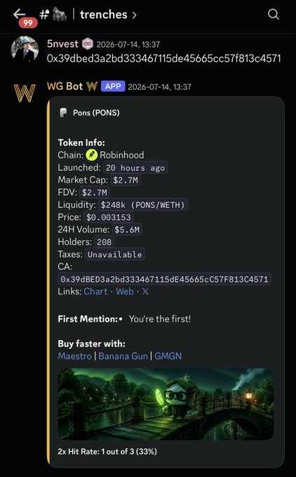 A Discord message from the "trenches" channel showing "5nvest"'s call on token "PONS" on Robinhood, posted 20 hours ago at a $2.7M market cap ($0.003153 price, 208 holders), with the post announcing that the token has now reached a $521M market cap — a 195x return.