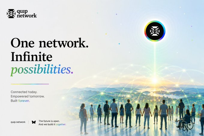 A promotional graphic for "quip network" with the tagline "One network. Infinite possibilities." and subtext "Connected today. Empowered tomorrow. Built forever." showing a diverse group of people holding hands looking out over a city connected by a glowing network web.