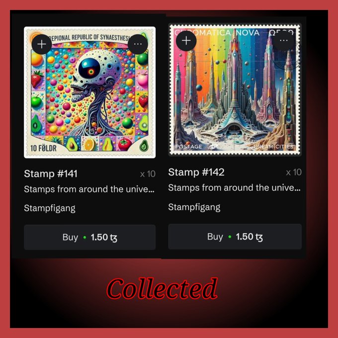 Screenshot showing a digital stamp collection app with two stamps marked "Collected": Stamp #141 from "THE PERIONAL REPUBLIC OF SYNAESTHESIA" depicting a colorful skull-like figure, and Stamp #142 from "SOMATICA NOVA" showing a futuristic city, both priced at 1.50 tokens.